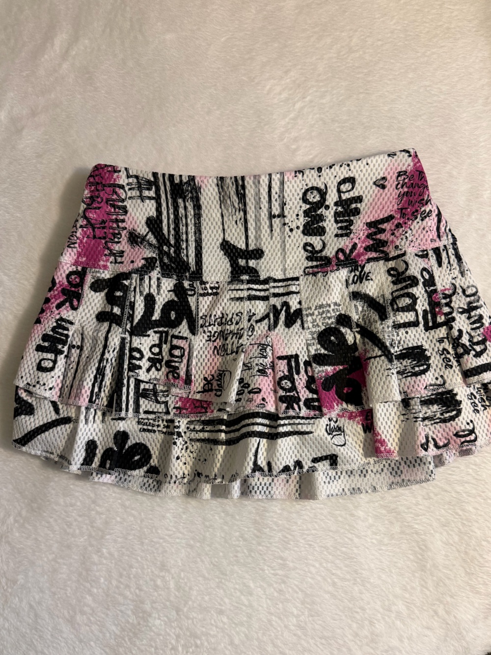 Lucky in Love White, Black and Pink Graphic Layered Skort